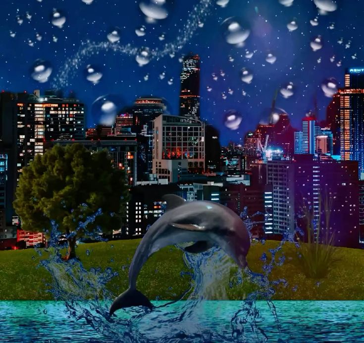 Frutiger Aero Wallpaper - Dolphin Leap Cityscape